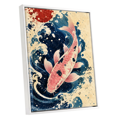 Koi in the Current, blue, pink, beige nature wall art shown as a white framed canvas wall art