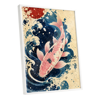 Koi in the Current, blue, pink, beige nature wall art shown as a white framed poster wall art print