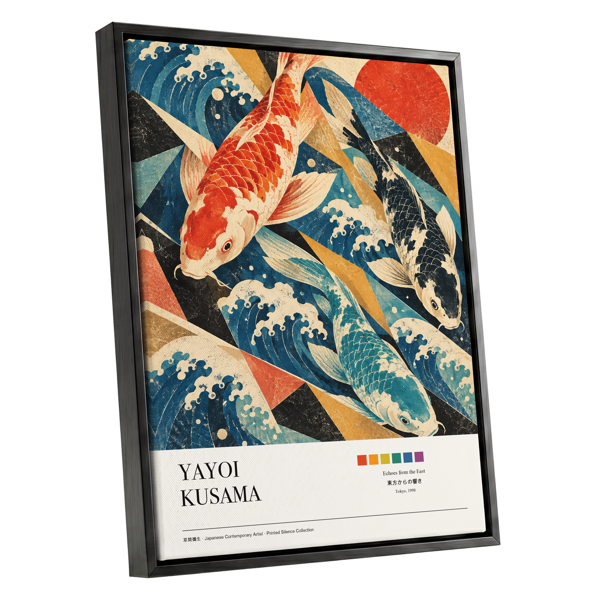 Koi Tides, blue, beige, red nature wall art shown as a black framed canvas wall art