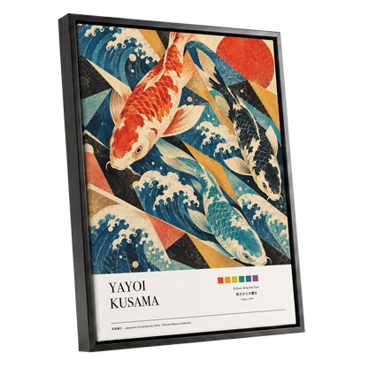 Koi Tides, blue, beige, red nature wall art shown as a black framed canvas wall art