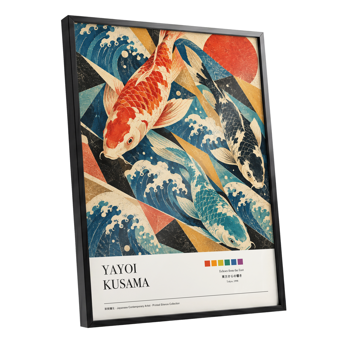 Koi Tides, blue, beige, red nature wall art shown as a black framed poster wall art print