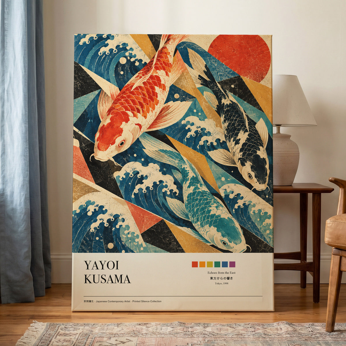 Koi Tides, blue, beige, red nature wall art on canvas displayed in a styled interior, gallery view 1