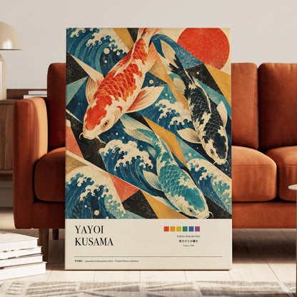 Koi Tides, blue, beige, red nature wall art on canvas displayed in a styled interior, gallery view 2