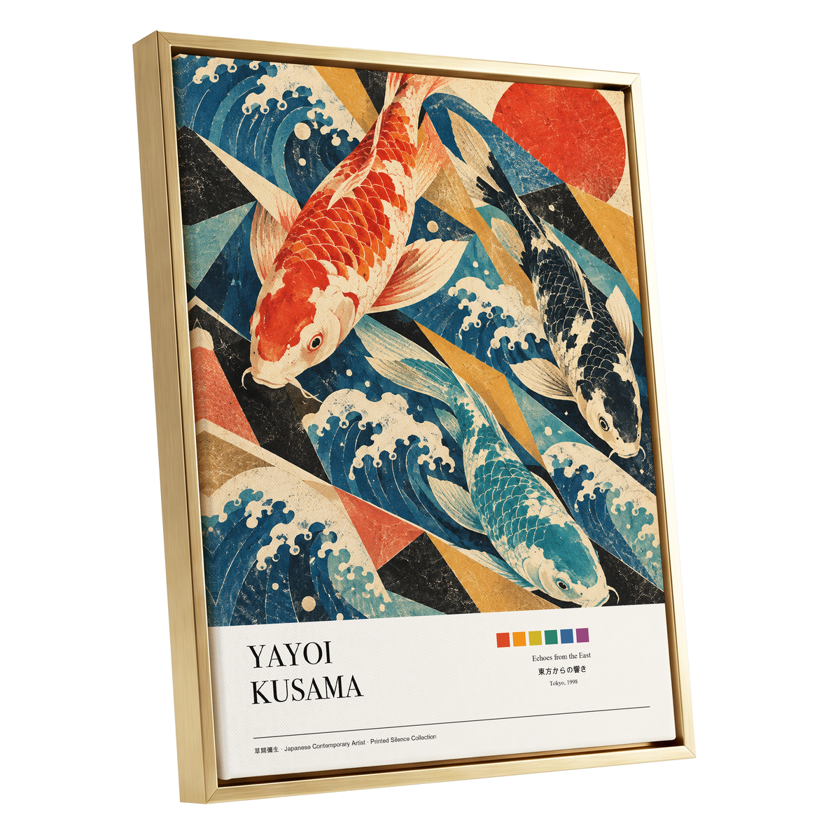 Koi Tides, blue, beige, red nature wall art shown as a gold framed canvas wall art