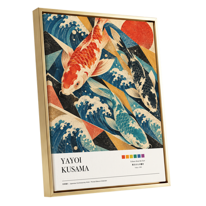 Koi Tides, blue, beige, red nature wall art shown as a gold framed canvas wall art