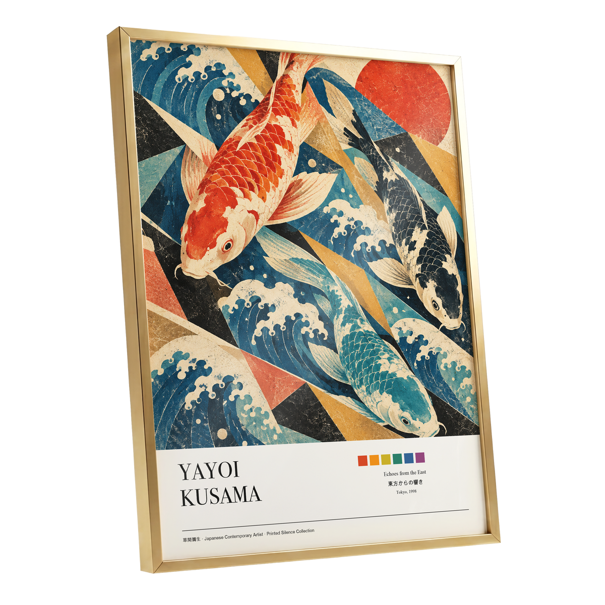 Koi Tides, blue, beige, red nature wall art shown as a gold framed poster wall art print