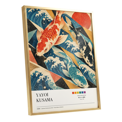 Koi Tides, blue, beige, red nature wall art shown as a gold framed poster wall art print