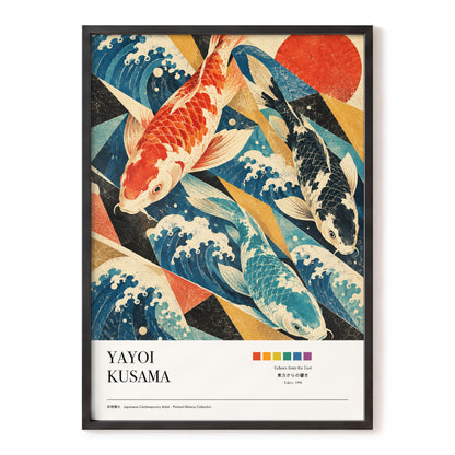 Koi Tides, blue, beige, red nature wall art, front artwork view