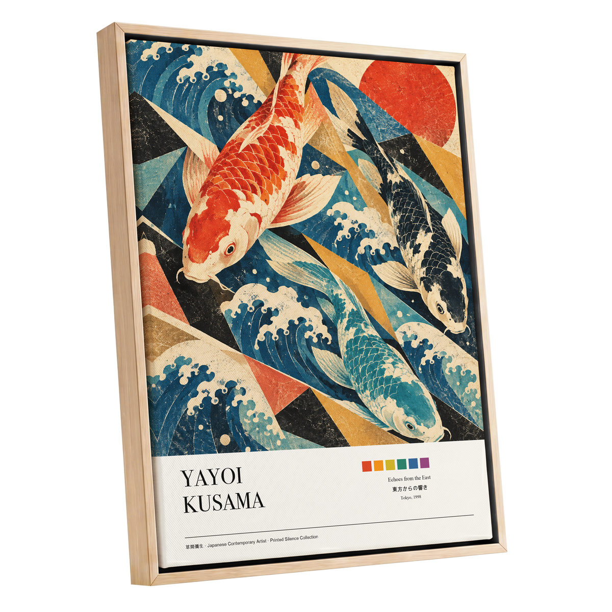 Koi Tides, blue, beige, red nature wall art shown as a oak framed canvas wall art