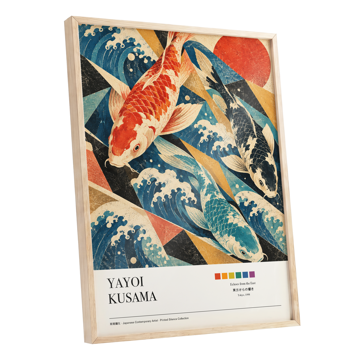 Koi Tides, blue, beige, red nature wall art shown as a oak framed poster wall art print