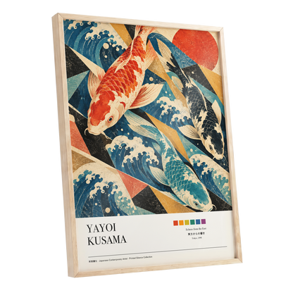 Koi Tides, blue, beige, red nature wall art shown as a oak framed poster wall art print