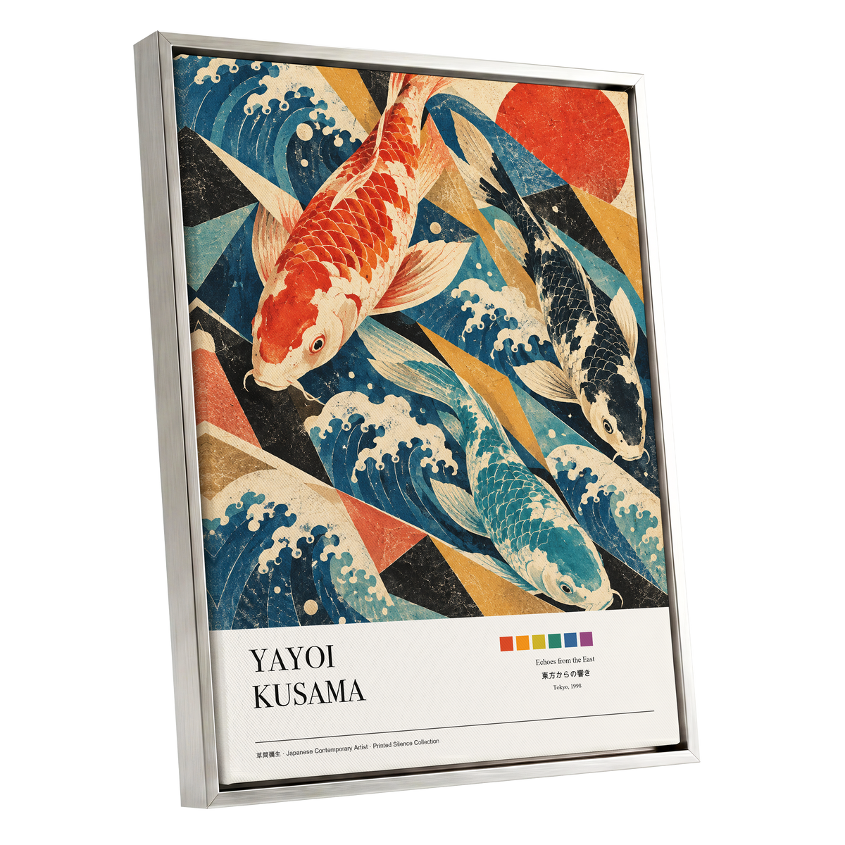Koi Tides, blue, beige, red nature wall art shown as a silver framed canvas wall art