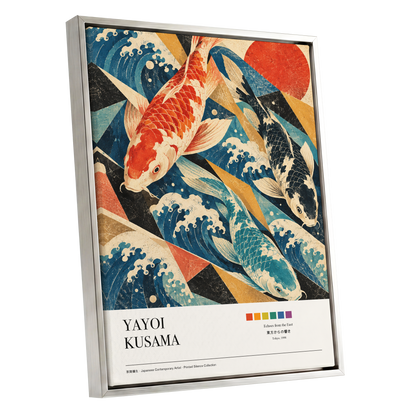 Koi Tides, blue, beige, red nature wall art shown as a silver framed canvas wall art