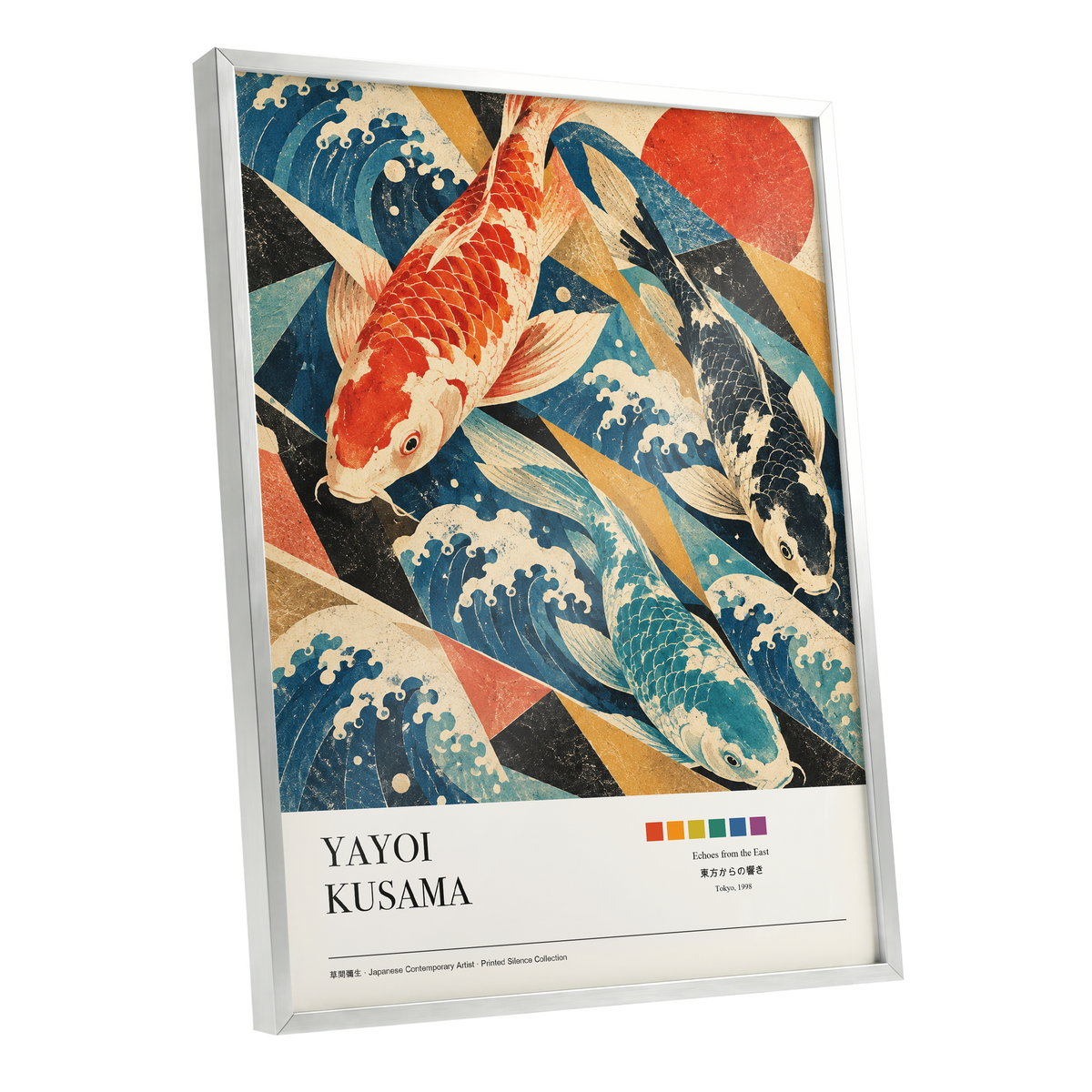 Koi Tides, blue, beige, red nature wall art shown as a silver framed poster wall art print