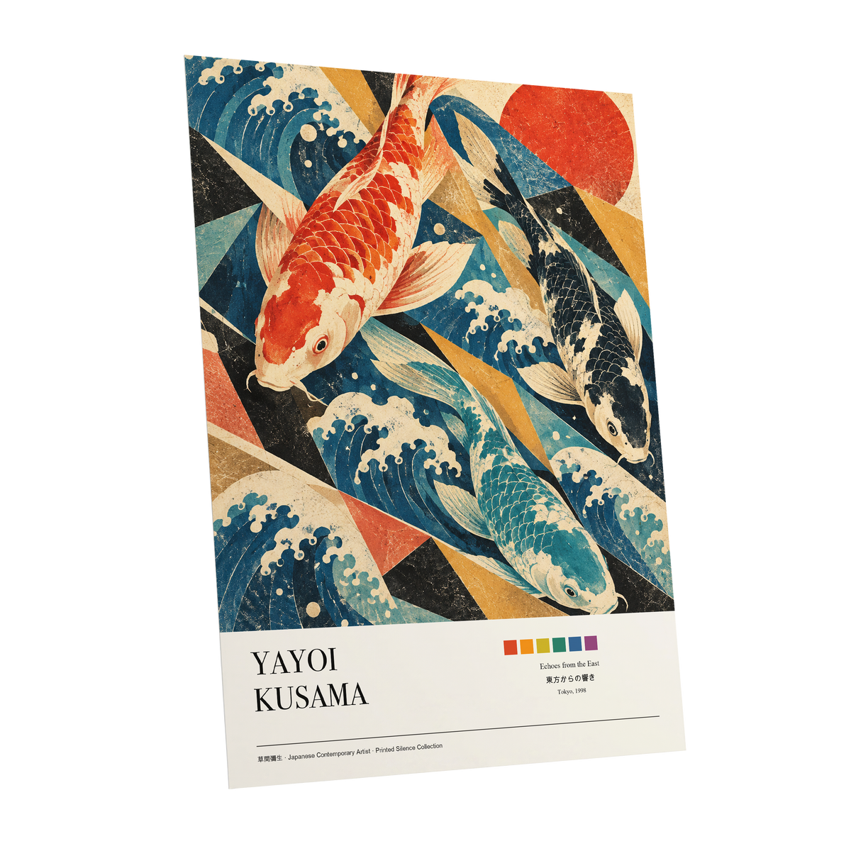 Koi Tides, blue, beige, red nature wall art shown as a unframed poster wall art print