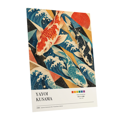 Koi Tides, blue, beige, red nature wall art shown as a unframed poster wall art print