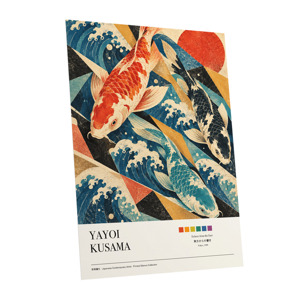 Koi Tides, blue, beige, red nature wall art shown as a unframed poster wall art print