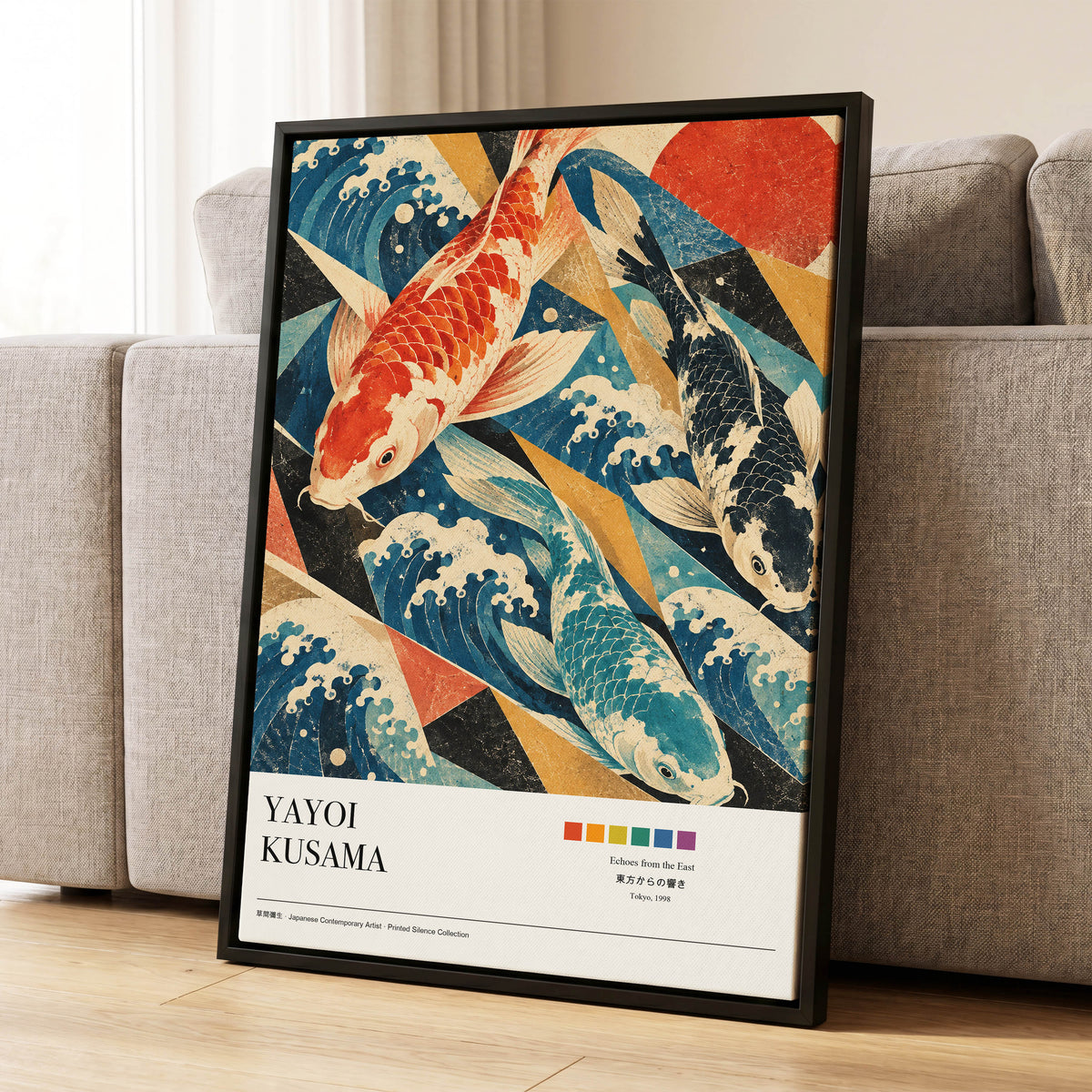 Koi Tides, blue, beige, red nature wall art displayed in a styled interior, gallery view 1