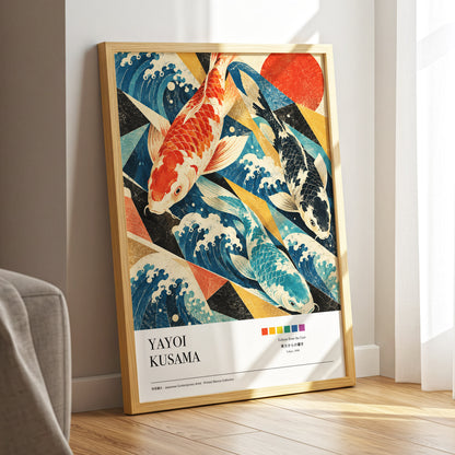 Koi Tides, blue, beige, red nature wall art displayed in a styled interior, gallery view 2