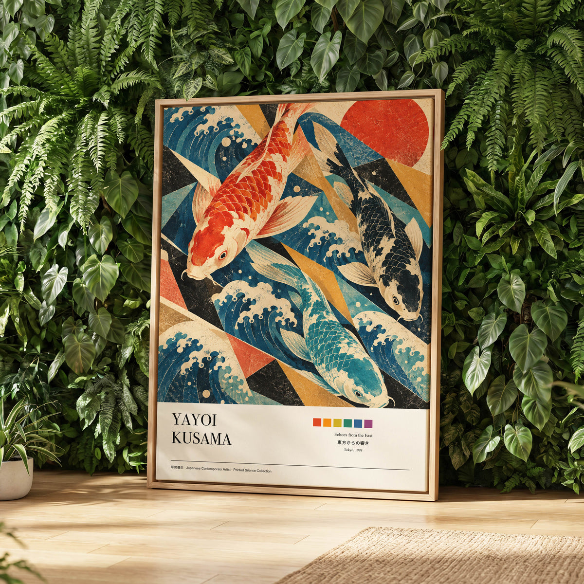 Koi Tides, blue, beige, red nature wall art displayed in a styled interior, gallery view 3