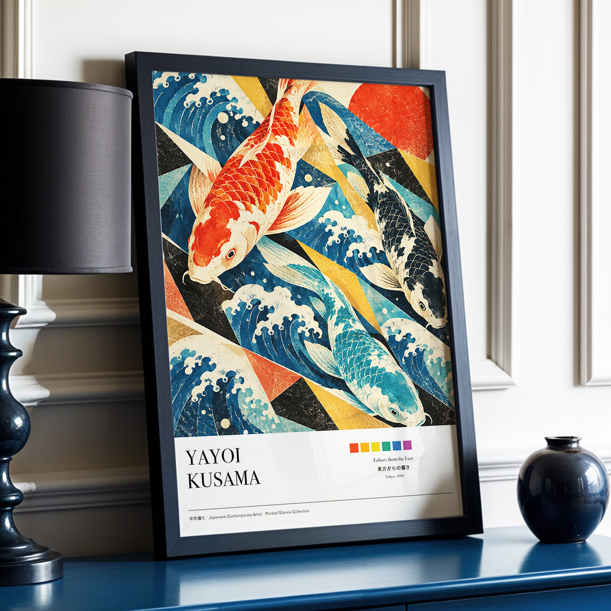 Koi Tides, blue, beige, red nature wall art displayed in a styled interior, gallery view 4
