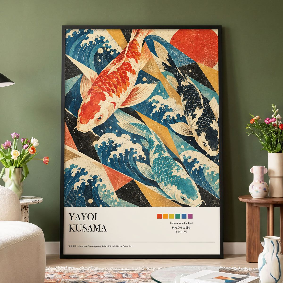 Koi Tides, blue, beige, red nature wall art displayed in a styled interior, gallery view 5