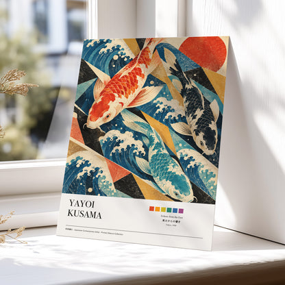 Koi Tides, blue, beige, red nature wall art displayed in a styled interior, gallery view 6