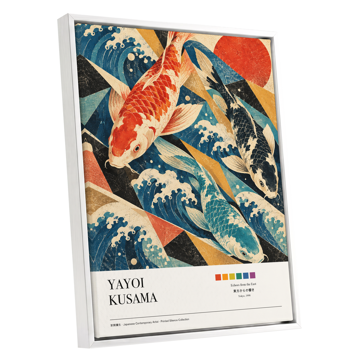 Koi Tides, blue, beige, red nature wall art shown as a white framed canvas wall art