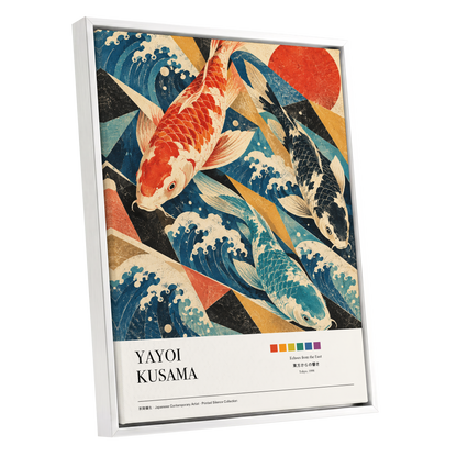 Koi Tides, blue, beige, red nature wall art shown as a white framed canvas wall art