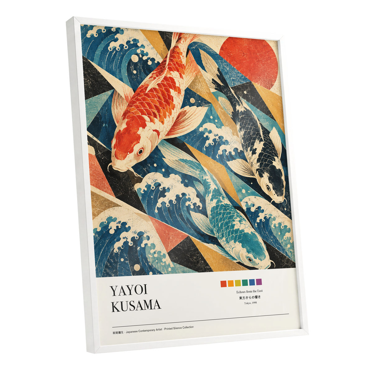 Koi Tides, blue, beige, red nature wall art shown as a white framed poster wall art print