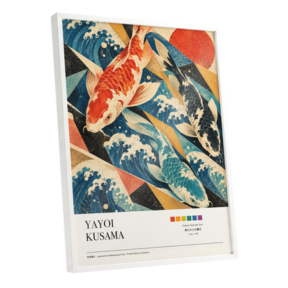 Koi Tides, blue, beige, red nature wall art shown as a white framed poster wall art print