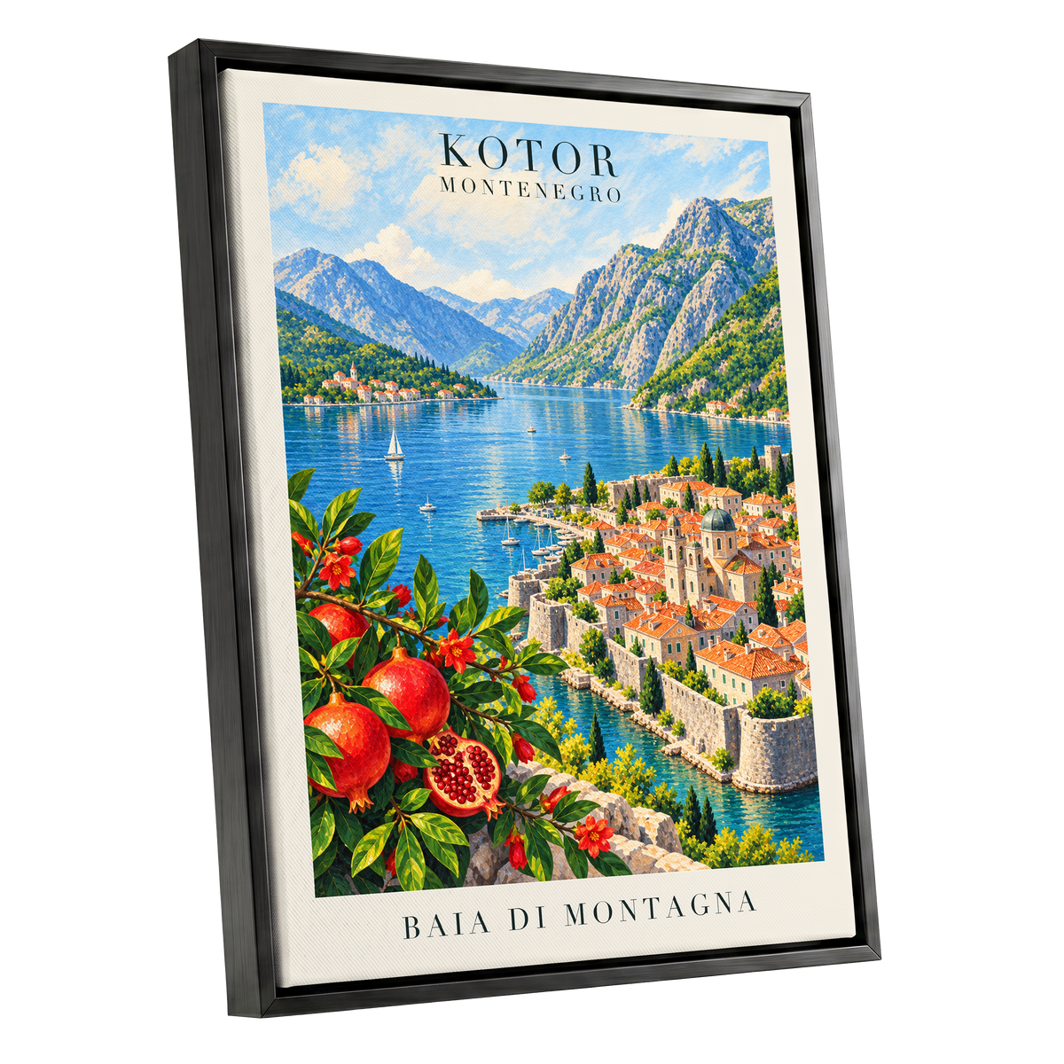 Kotor Bay Reverie, blue, green, beige nature wall art shown as a black framed canvas wall art