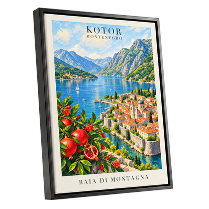 Kotor Bay Reverie, blue, green, beige nature wall art shown as a black framed canvas wall art