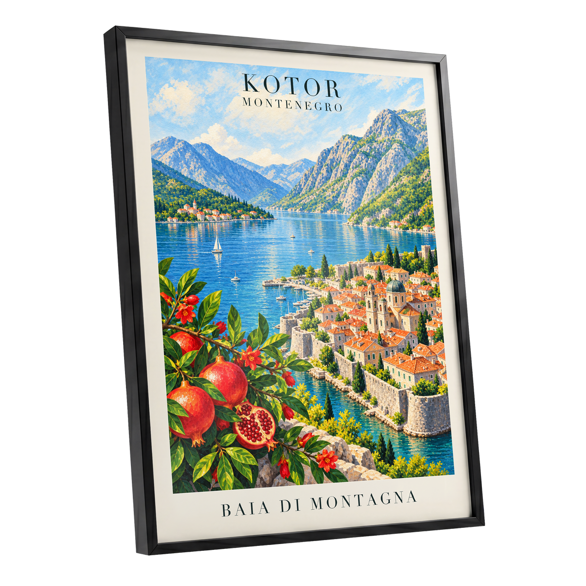 Kotor Bay Reverie, blue, green, beige nature wall art shown as a black framed poster wall art print