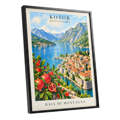 Kotor Bay Reverie, blue, green, beige nature wall art shown as a black framed poster wall art print