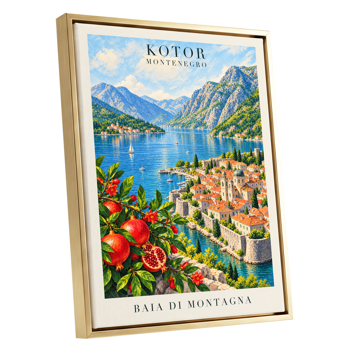 Kotor Bay Reverie, blue, green, beige nature wall art shown as a gold framed canvas wall art