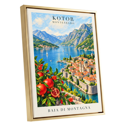 Kotor Bay Reverie, blue, green, beige nature wall art shown as a gold framed canvas wall art