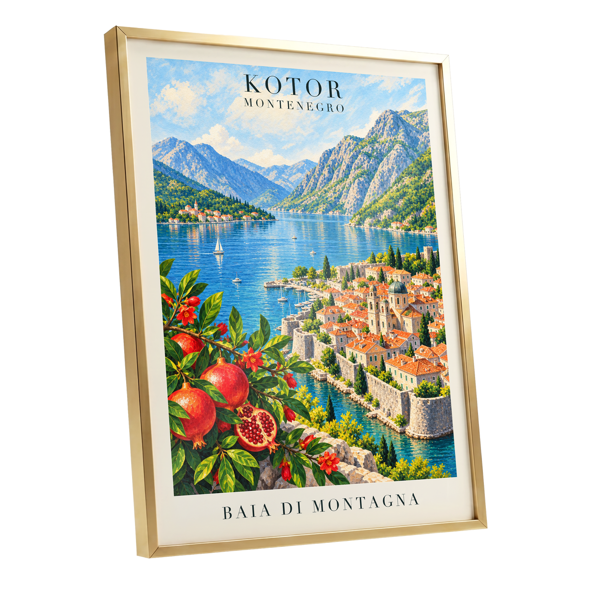 Kotor Bay Reverie, blue, green, beige nature wall art shown as a gold framed poster wall art print