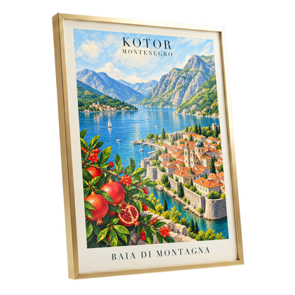 Kotor Bay Reverie, blue, green, beige nature wall art shown as a gold framed poster wall art print