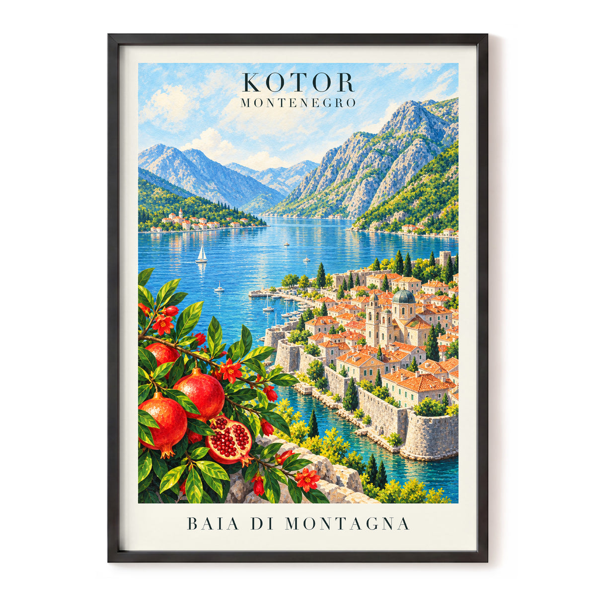 Kotor Bay Reverie, blue, green, beige nature wall art, front artwork view