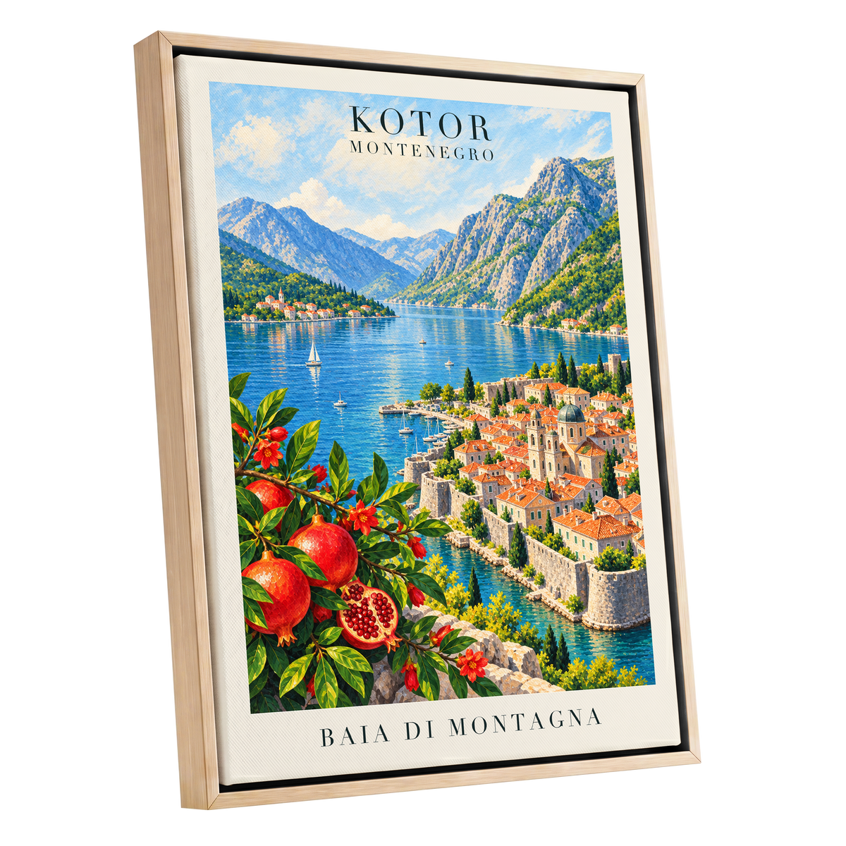 Kotor Bay Reverie, blue, green, beige nature wall art shown as a oak framed canvas wall art