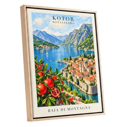 Kotor Bay Reverie, blue, green, beige nature wall art shown as a oak framed canvas wall art