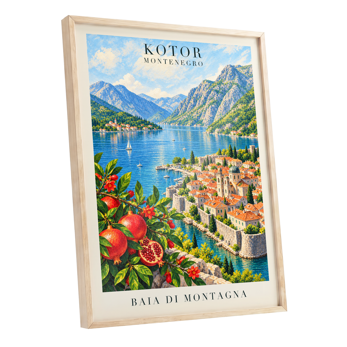 Kotor Bay Reverie, blue, green, beige nature wall art shown as a oak framed poster wall art print