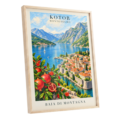 Kotor Bay Reverie, blue, green, beige nature wall art shown as a oak framed poster wall art print