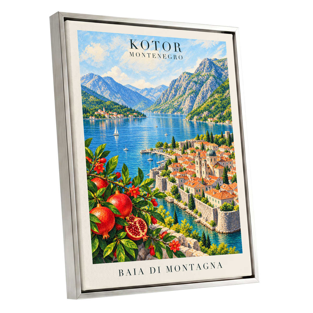 Kotor Bay Reverie, blue, green, beige nature wall art shown as a silver framed canvas wall art