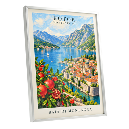 Kotor Bay Reverie, blue, green, beige nature wall art shown as a silver framed poster wall art print