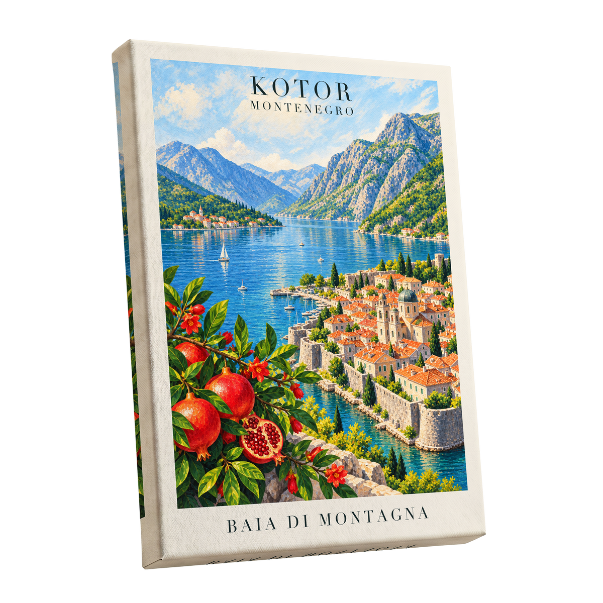 Kotor Bay Reverie, blue, green, beige nature wall art shown as a stretched canvas wall art