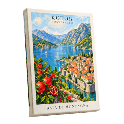 Kotor Bay Reverie, blue, green, beige nature wall art shown as a stretched canvas wall art
