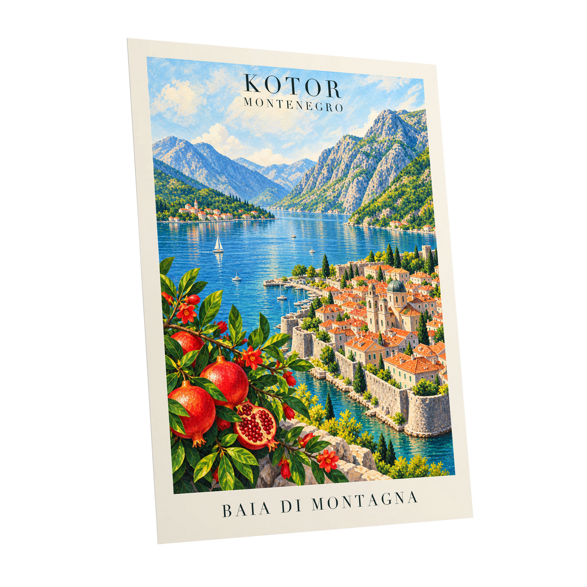 Kotor Bay Reverie, blue, green, beige nature wall art shown as a unframed poster wall art print