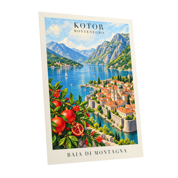 Kotor Bay Reverie, blue, green, beige nature wall art shown as a unframed poster wall art print